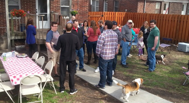 Family and friends gather at Walsh and Sarah's house for our welcome-back BBQ.