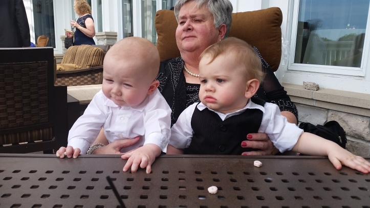 Great-aunt Alice hangs with Theo and John at the reception.